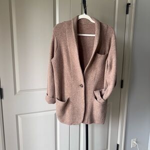 Anthro Inspired Taupe Knit Cardigan Cozy Neutral Oversized Pocket Sweater